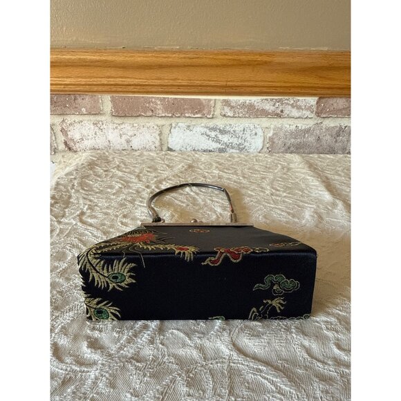 Mini Tiny Vintage Black Satin Brocade Evening Purse Metal Handle & Clasp Closure - Picture 5 of 16